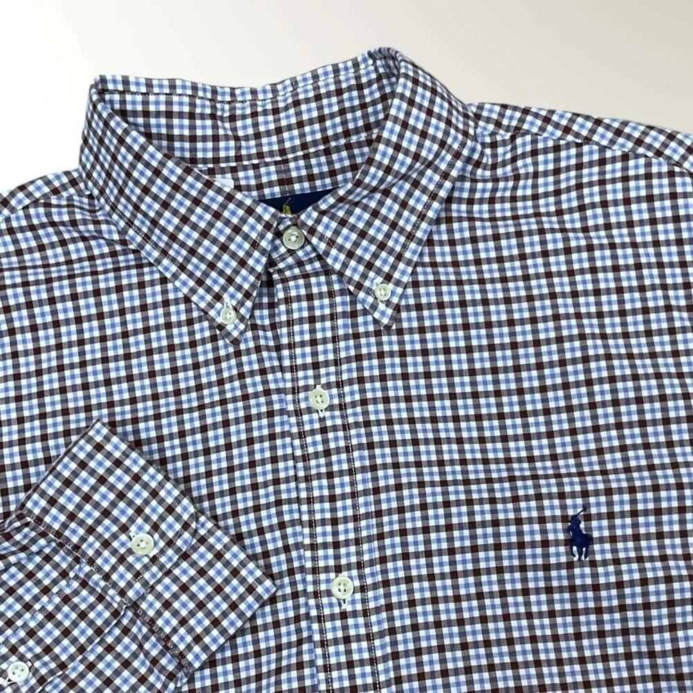 Polo Ralph Lauren Shirt Mens XL Long Sleeve Button‎ Up Blue Brown Check MINT